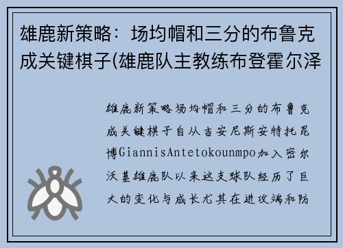 雄鹿新策略：场均帽和三分的布鲁克成关键棋子(雄鹿队主教练布登霍尔泽)